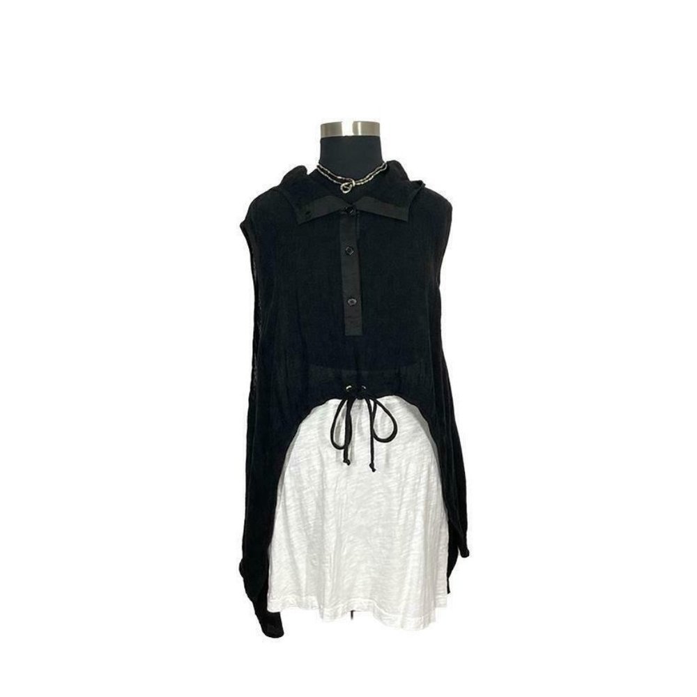 LNK M Black Linen Sleeveless Lagenlook Hoodie